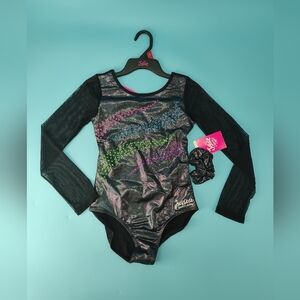 Justice Leotard Bodysuit Mesh Long Sleeve Gymnastics Black New Girls Size 10